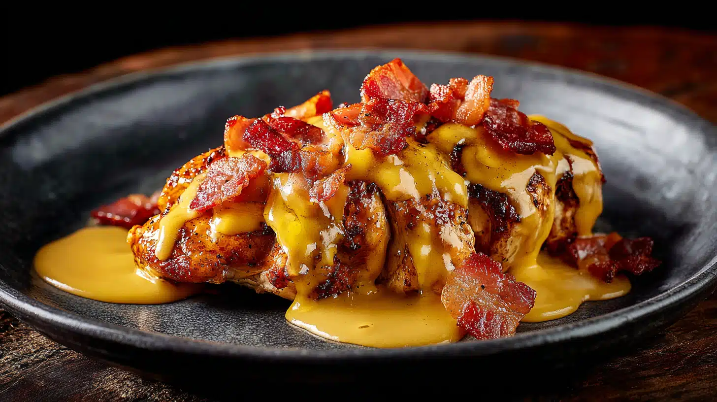 Alice Springs chicken topped with honey mustard sauce, bacon, and melted cheese.