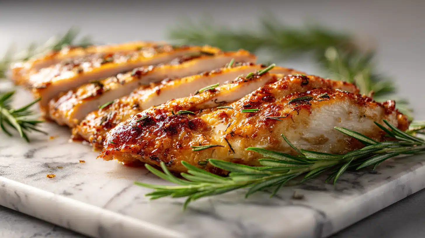 Oven baked thin-sliced chicken breast seasoned and cooked until juicy and lightly golden.