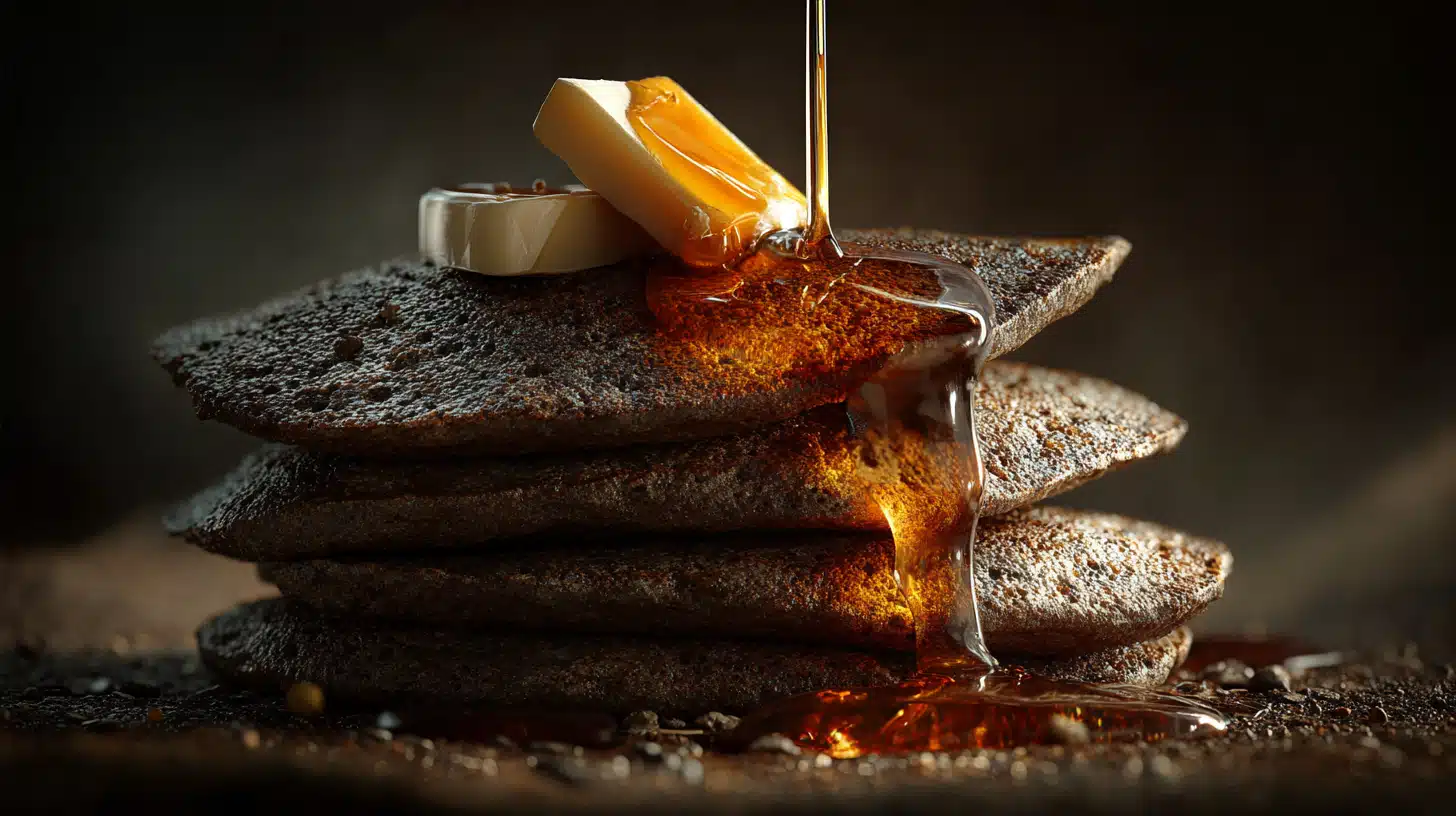 Easy Buckwheat Pancakes 4 Buckwheat pancakes stacked and topped with syrup and butter.