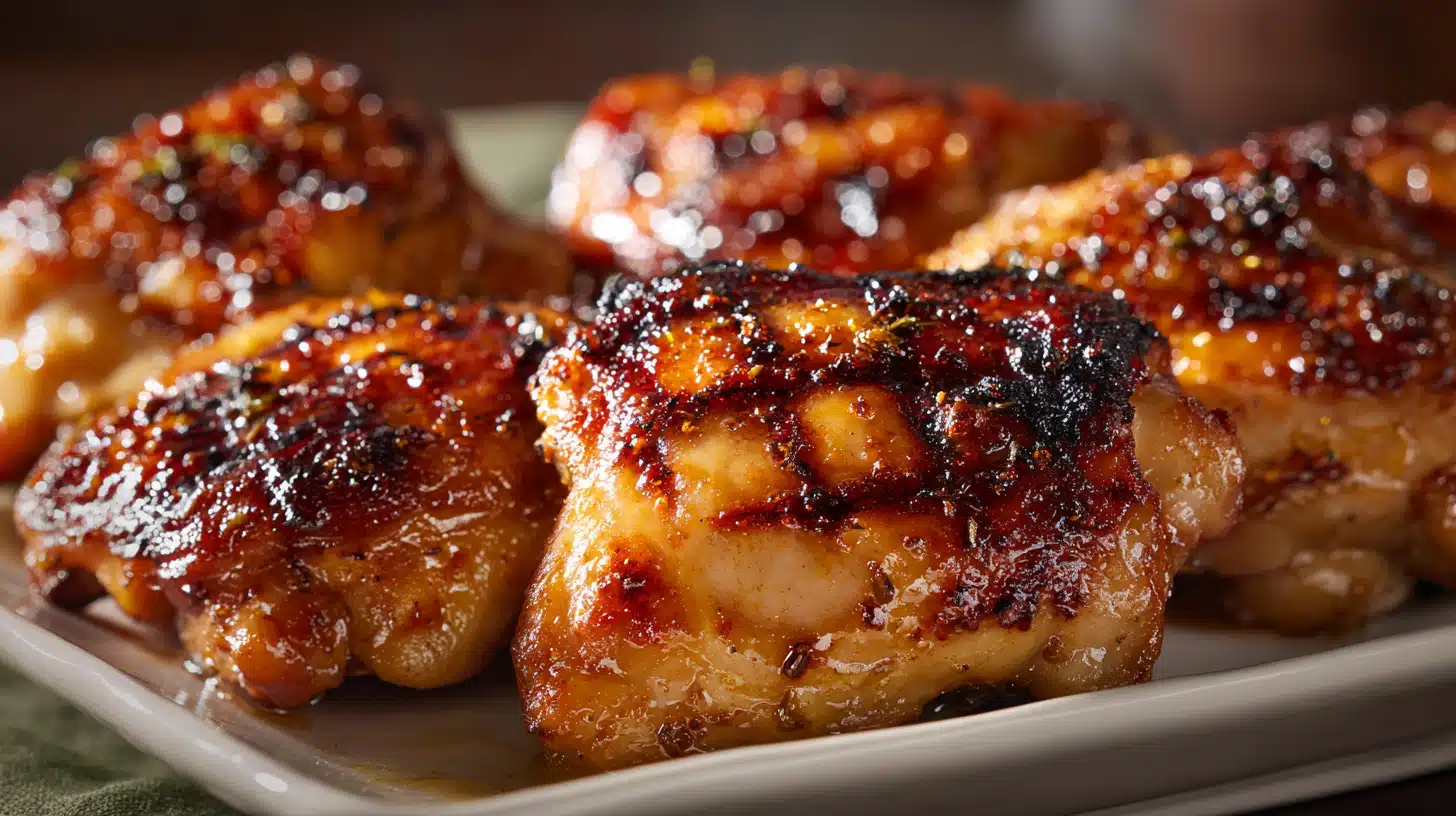 Grilled chicken thigh with charred edges and juicy interior on a plate.