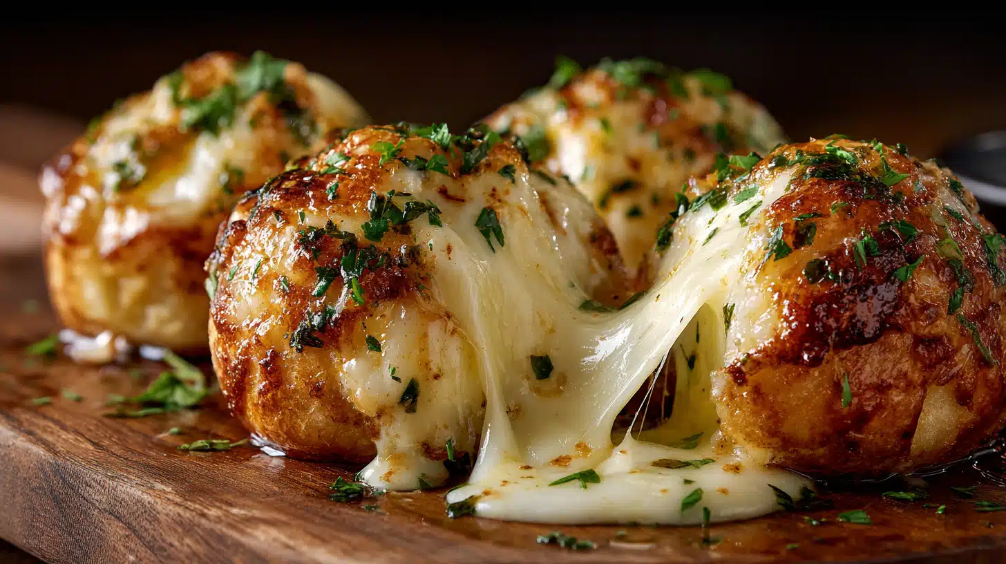 Pillsbury biscuit garlic butter cheese bombs baked until golden and oozing cheese.