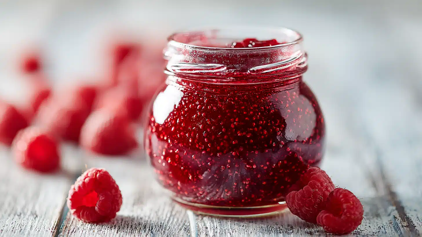 Easy Raspberry Jam Recipe With Pectin 4 Homemade raspberry jam with pectin in a jar, thick and glossy with vibrant red color.