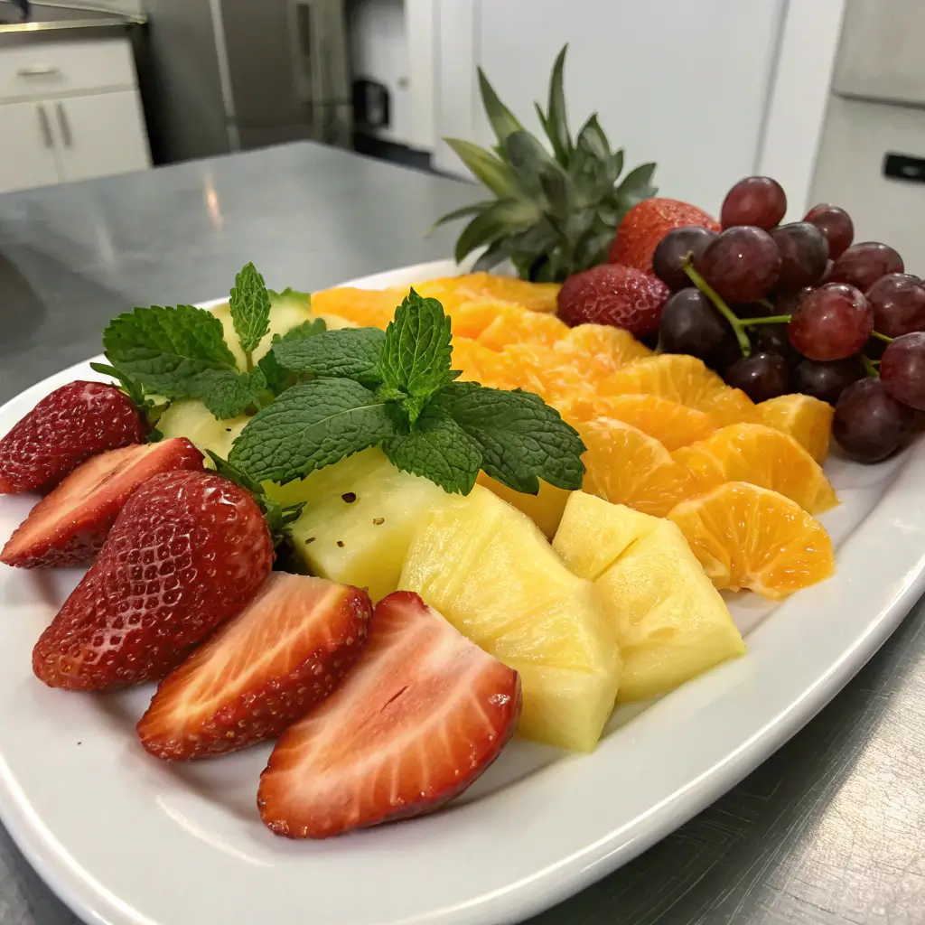 A colorful fruit platter featuring strawberries, pineapple, oranges, and grapes, a fresh and vibrant option for what to have with fruit for lunch.