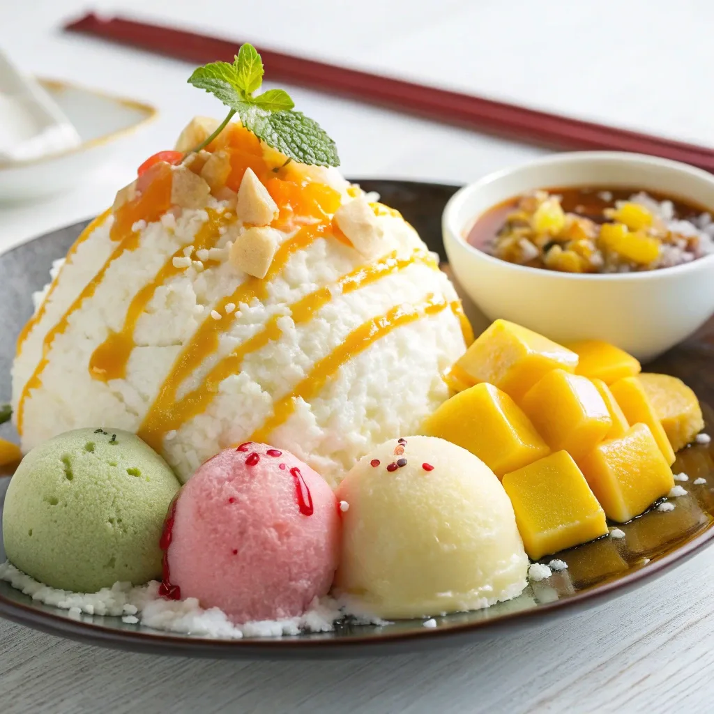 A plate of Asian shaved ice dessert topped with mango chunks, syrup, and assorted ice cream scoops, garnished with a mint leaf.