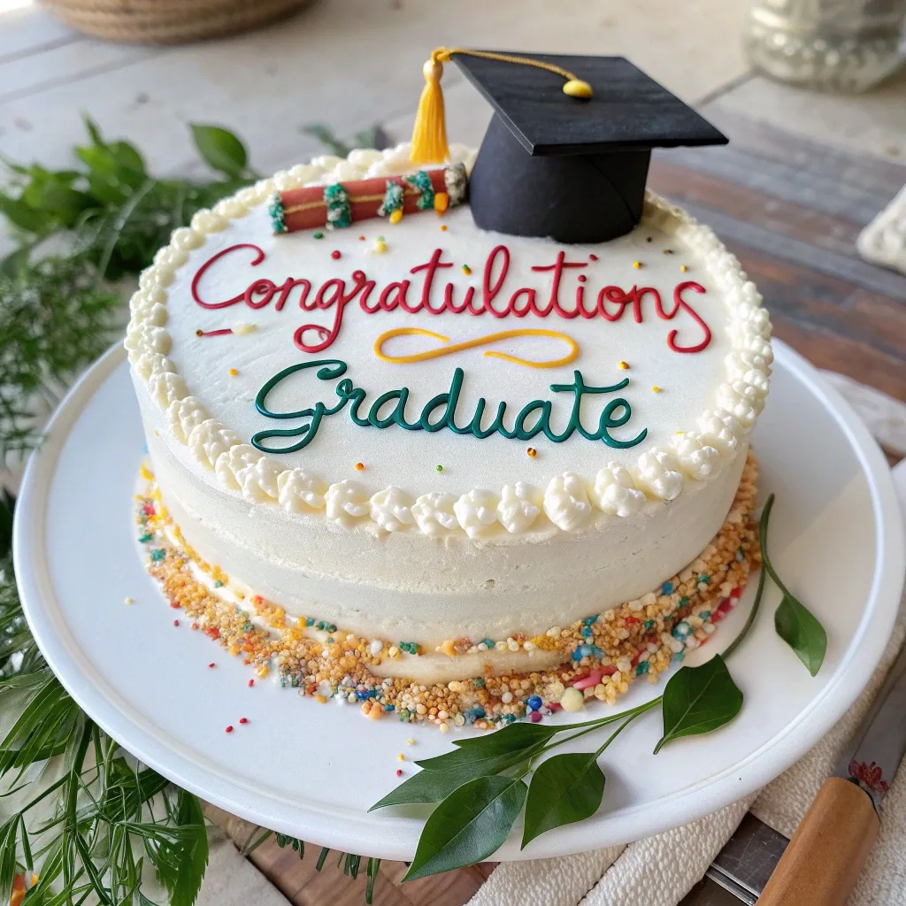 A round graduation cake with white frosting, decorated with piped lettering that reads "Congratulations Graduate" in red and green. The cake features a fondant graduation cap, a diploma, colorful sprinkles, and a decorative border. It sits on a white plate with green leaves around it, placed on a rustic wooden table.