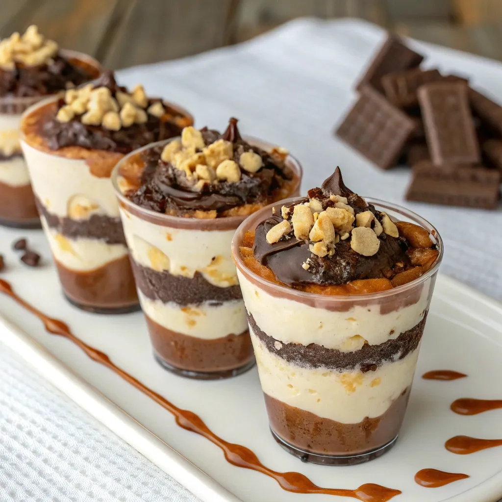 A GREEK DESSERTS A layered chocolate and peanut butter Greek yogurt dessert cup, topped with chocolate drizzle and crushed peanuts, served on a white plate with caramel decoration.