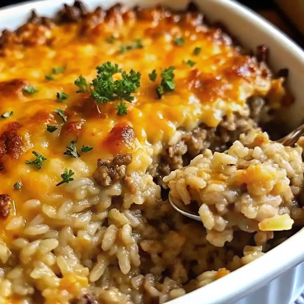 Cheesy Ground Beef Rice Casserole baked to golden perfection in a ceramic dish, topped with melted cheese and fresh herbs