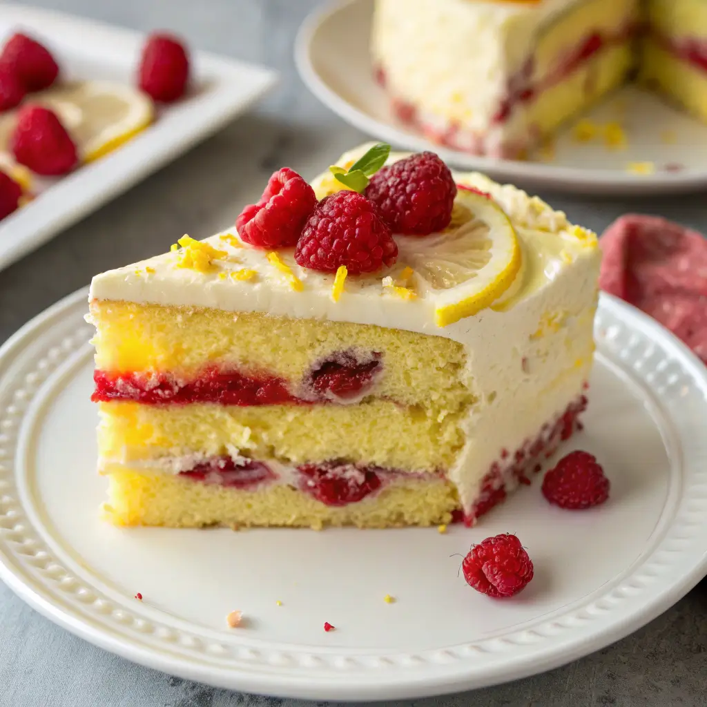 Slice of raspberry lemon cake with buttercream frosting, raspberry filling, and garnished with fresh raspberries and lemon on a white plate.