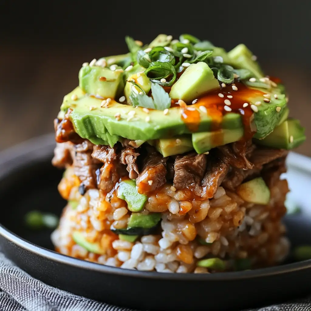 Teriyaki beef and avocado rice stack topped with scallions, sesame seeds, and teriyaki sauce on a black plate.
