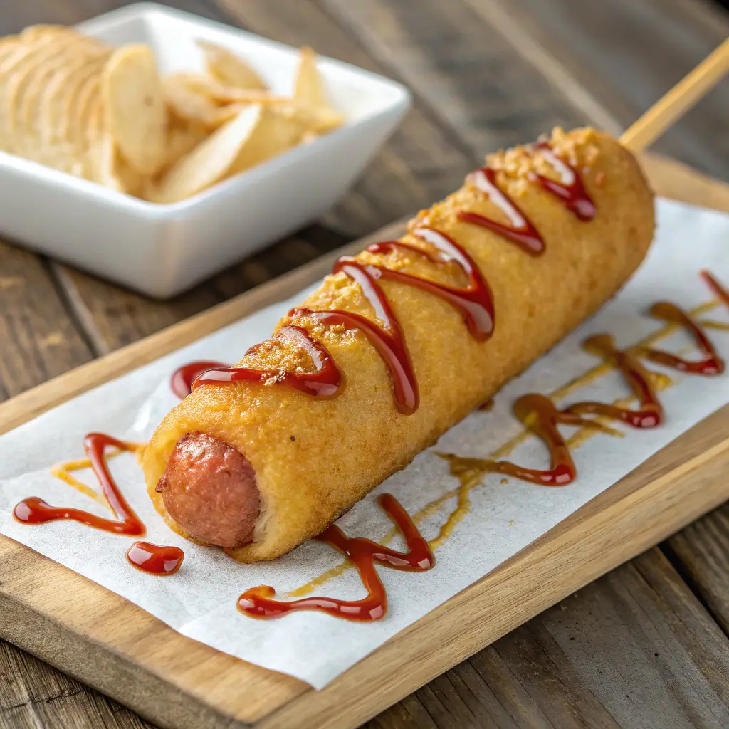 Crispy corn dog on a wooden tray with ketchup drizzle, served with a side of potato chips.