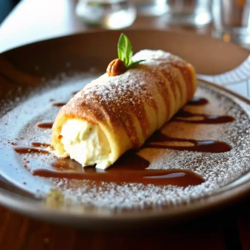 A golden-brown fried dessert roll filled with creamy xango dessert, drizzled with chocolate syrup, dusted with powdered sugar, and garnished with a mint leaf and a nut on a dark plate.