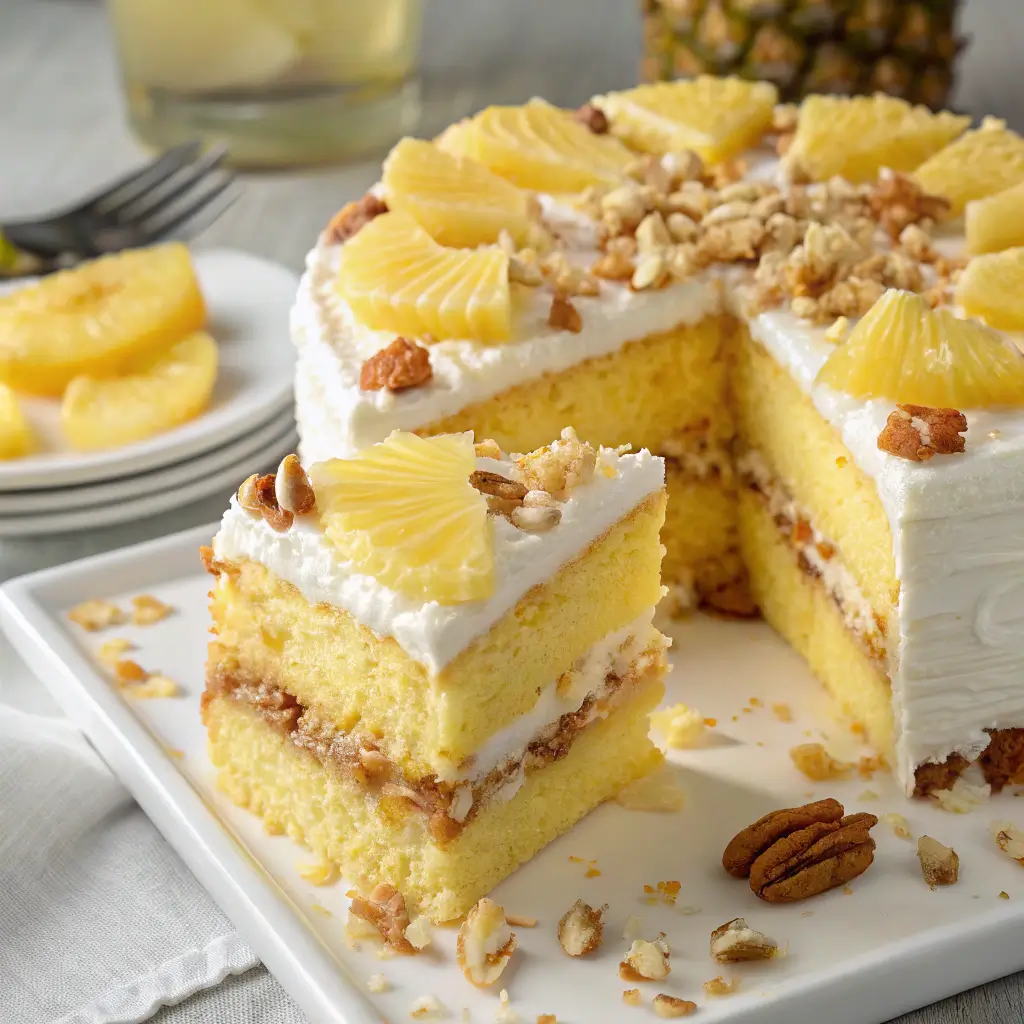 Slice of Juicy Pineapple Heaven Caketopped with whipped frosting, pineapple chunks, and crunchy granola on a white serving plate.
