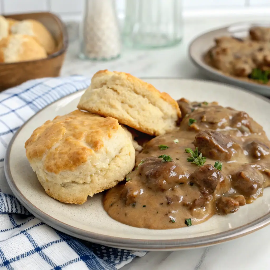 Gluten free biscuits and gravy on a plate with a checkered napkin.
