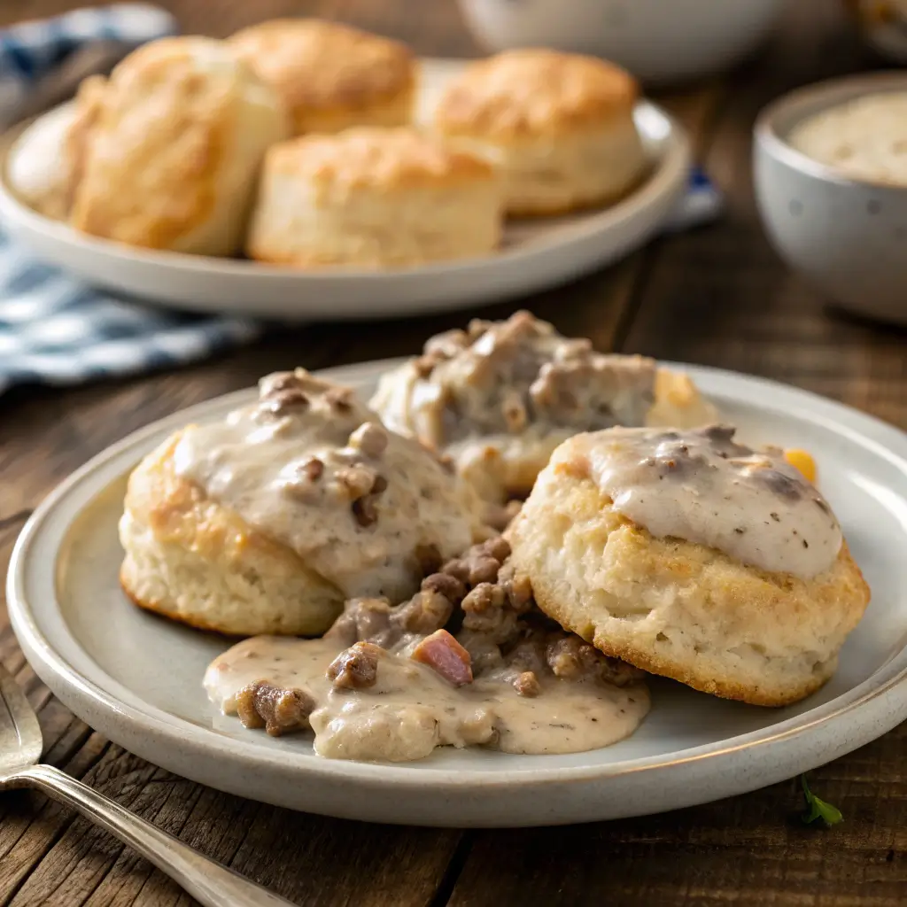 Fluffy homemade biscuits and sausage gravy on a rustic plate