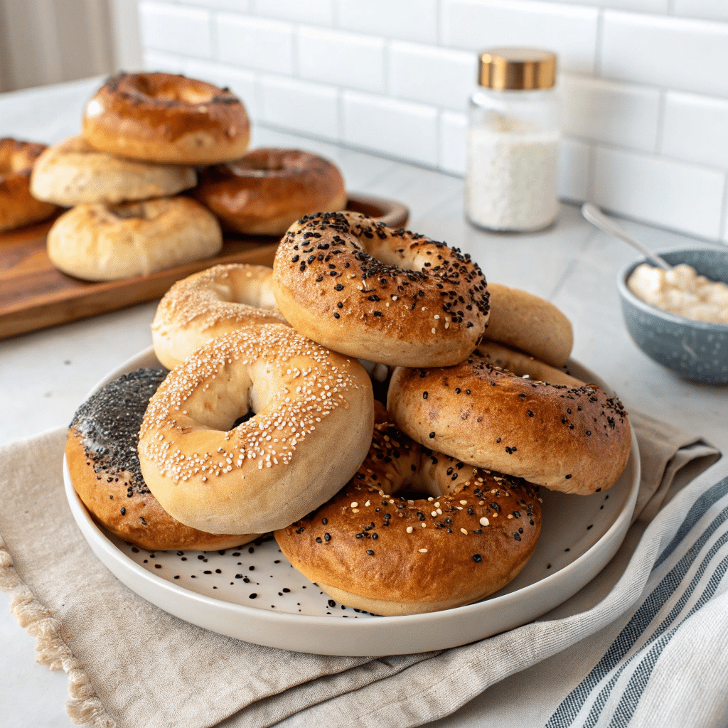 Freshly baked golden cottage cheese bagels on a wooden board with a bowl of cottage cheese beside them