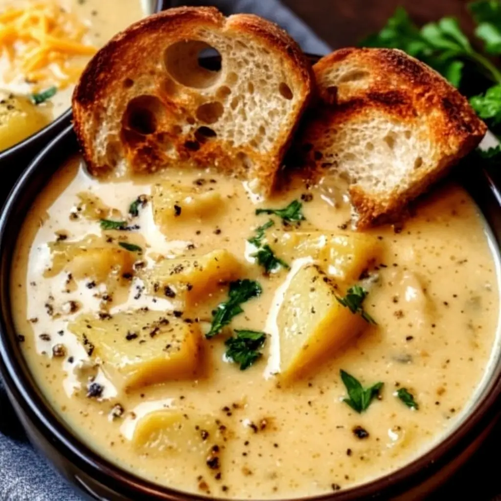 Cheddar Garlic Herb Potato Soup in a white bowl with creamy texture, topped with shredded cheddar cheese, fresh herbs, and crispy bacon bits