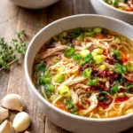 Easy Garlic Chicken Noodle Soup (Aromatic Ginger) 7 Chicken noodle soup in a white bowl with tender chicken, egg noodles, carrots, celery, and fresh herbs in a golden broth