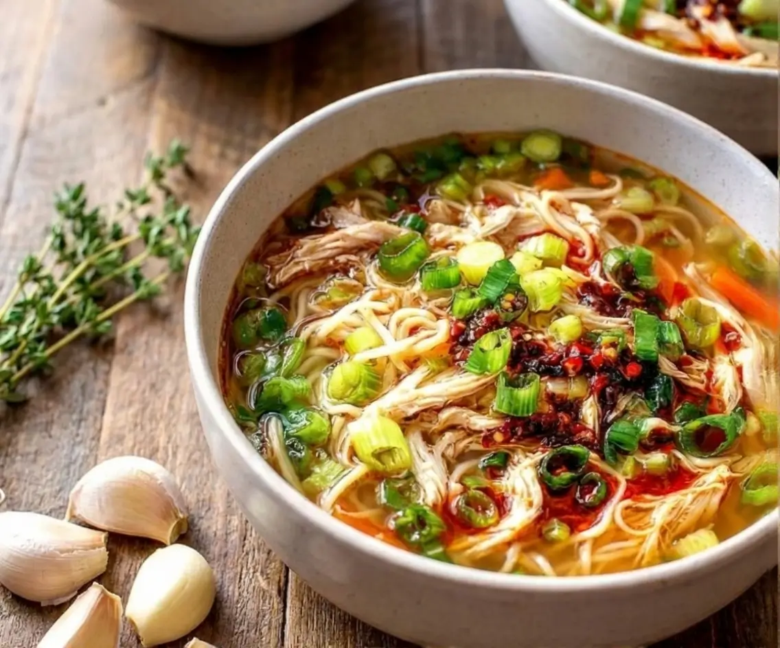Easy Garlic Chicken Noodle Soup (Aromatic Ginger) 4 Chicken noodle soup in a white bowl with tender chicken, egg noodles, carrots, celery, and fresh herbs in a golden broth