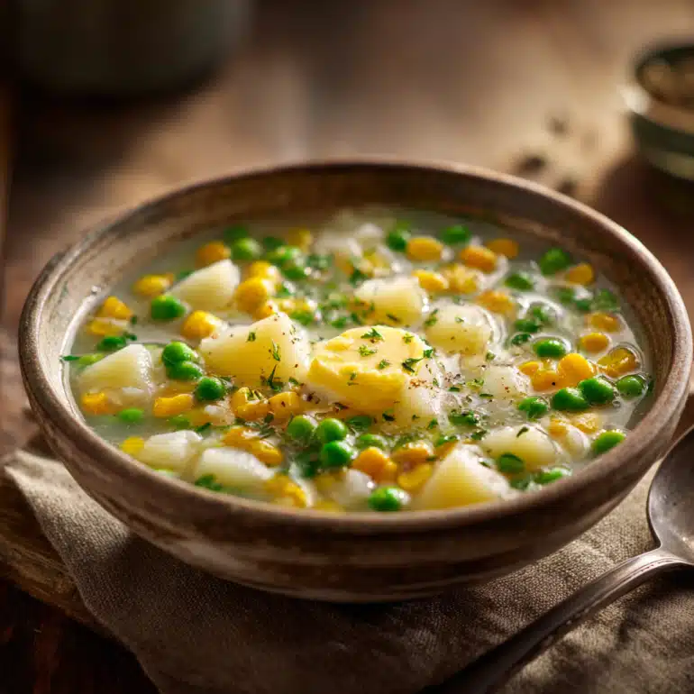 Easy Amish Snow Day Soup: Comfort in a Bowl 1 A rustic Amish Snow Day Soup, placed on a beige cloth with a spoon nearby