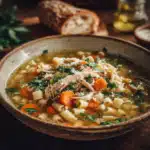Bowl of Italian Penicillin Soup with white beans, carrots, shredded chicken, and fresh herbs in a rustic ceramic bowl, served with crusty bread