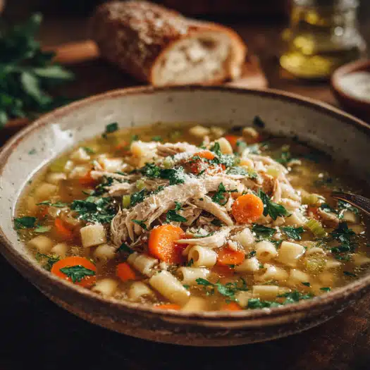 Bowl of Italian Penicillin Soup with white beans, carrots, shredded chicken, and fresh herbs in a rustic ceramic bowl, served with crusty bread