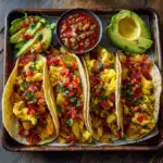 Easy Tasty Baked Breakfast Tacos for Busy Mornings! 7 Baked breakfast tacos filled with scrambled eggs, crispy bacon, and potatoes, served on a baking sheet with salsa, avocado slices, and fresh cilantro