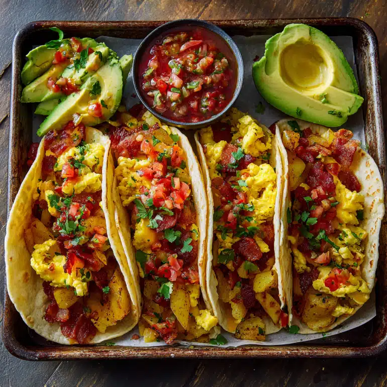 Baked breakfast tacos filled with scrambled eggs, crispy bacon, and potatoes, served on a baking sheet with salsa, avocado slices, and fresh cilantro
