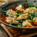 Potsticker Soup in a ceramic bowl with wontons, greens, and sesame seeds in savory broth