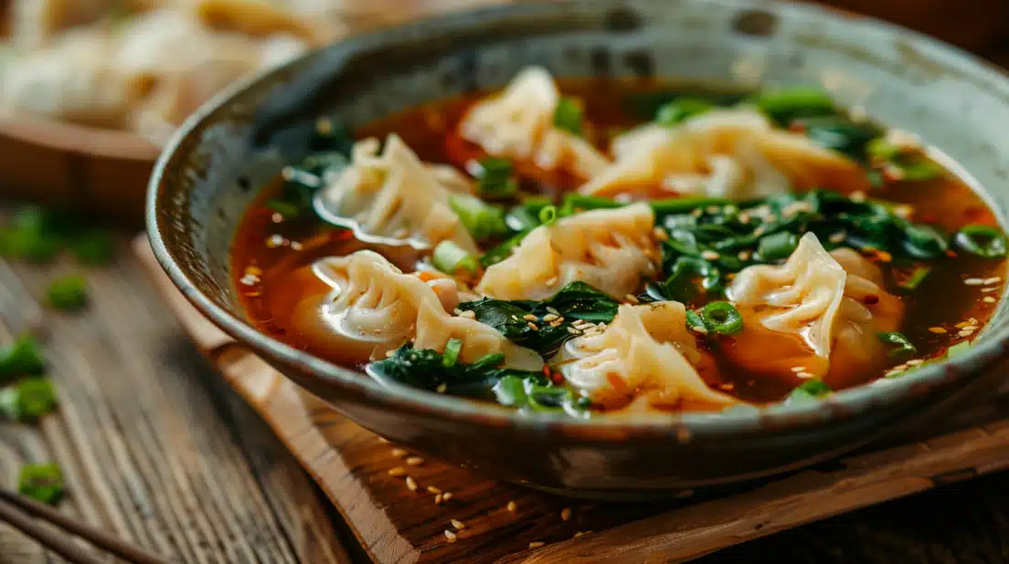 Potsticker Soup in a ceramic bowl with wontons, greens, and sesame seeds in savory broth