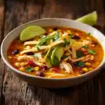 Quick and Easy Creamy Chicken Tortilla Soup: A Family Favorite! 7 Chicken tortilla soup in a white bowl topped with shredded chicken, avocado slices, tortilla strips, cilantro, corn, black beans, and lime wedge on rustic wooden table