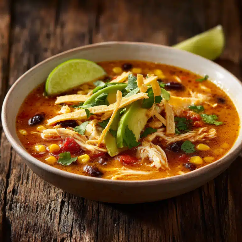 Quick and Easy Creamy Chicken Tortilla Soup: A Family Favorite! 4 Chicken tortilla soup in a white bowl topped with shredded chicken, avocado slices, tortilla strips, cilantro, corn, black beans, and lime wedge on rustic wooden table