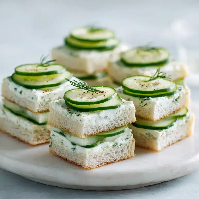 Cucumber sandwiches on white bread with cream cheese, fresh dill, and thin cucumber slices arranged on a white plate