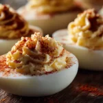 Air fryer deviled eggs with creamy yolk filling and paprika garnish.
