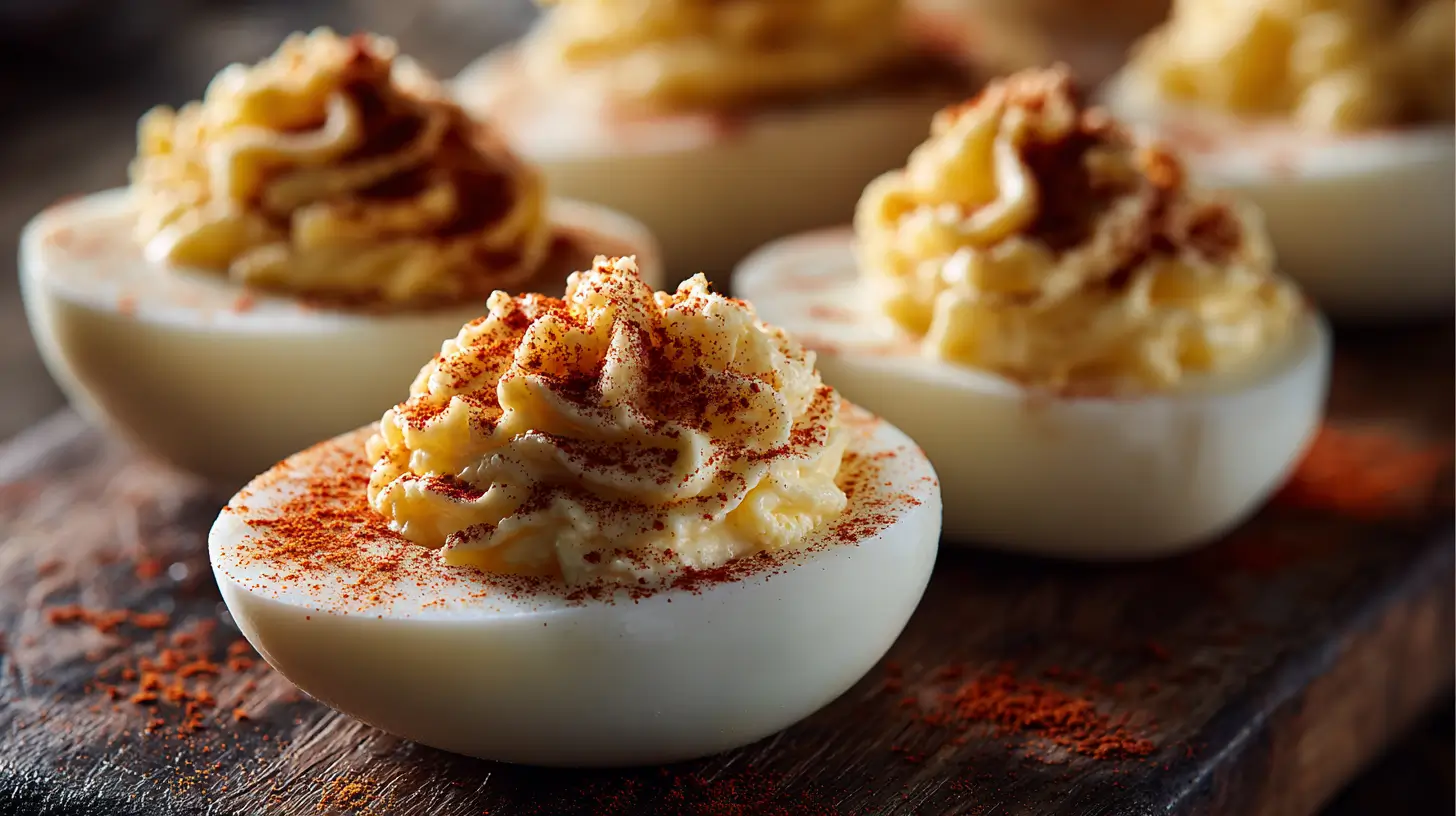Air fryer deviled eggs with creamy yolk filling and paprika garnish.