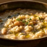 Arborio Rice and White Bean Soup in rustic ceramic bowl with creamy broth, tender white beans, rice, fresh thyme, olive oil drizzle, and black pepper