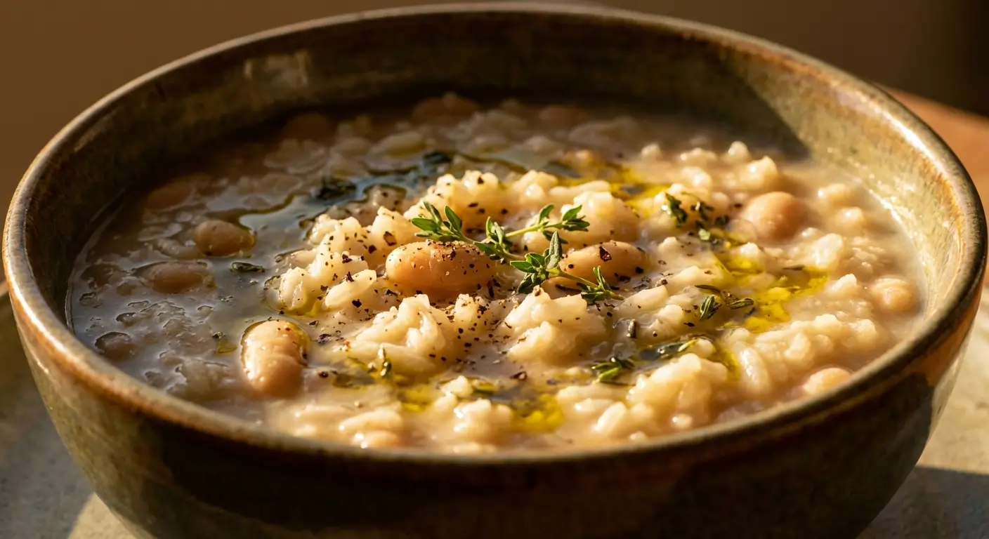 Arborio Rice and White Bean Soup in rustic ceramic bowl with creamy broth, tender white beans, rice, fresh thyme, olive oil drizzle, and black pepper