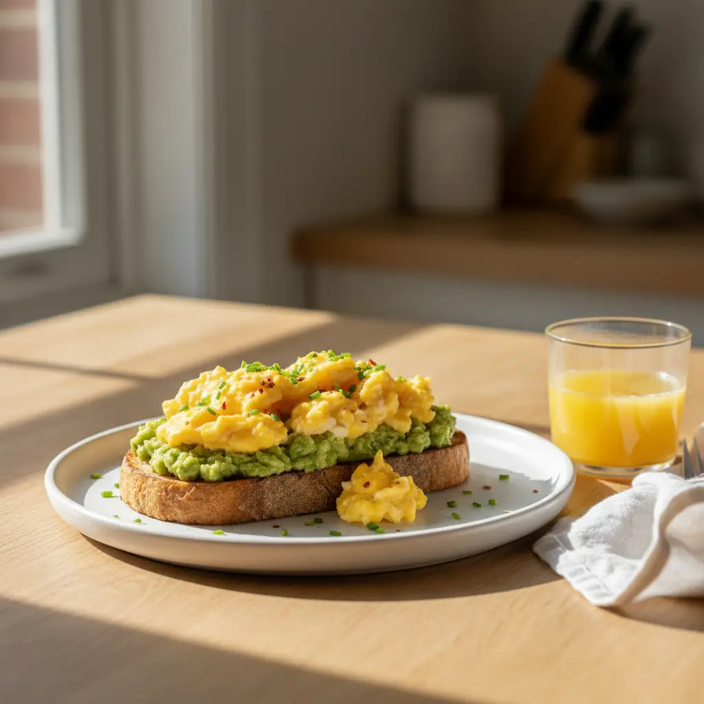 Avocado toast topped with a perfectly cooked egg on whole grain bread