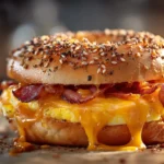 Bacon egg and cheese sandwich with crispy bacon, fluffy eggs, and melted cheese on a toasted bun.