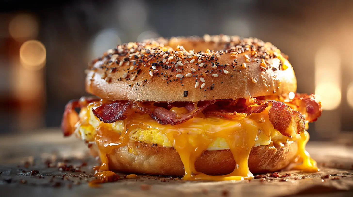 Bacon egg and cheese sandwich with crispy bacon, fluffy eggs, and melted cheese on a toasted bun.