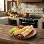 Baked bean and cheese burritos wrapped in tortillas and topped with melted cheese and sauce.