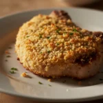 Baked parmesan pork chops with a crispy golden crust and juicy interior on a serving plate.