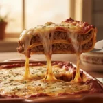 Beef enchilada casserole with seasoned ground beef, melted cheese, enchilada sauce, and baked tortilla layers.