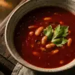 Bloody Mary Soup with Beans in rustic speckled ceramic bowl with deep red tomato broth, white beans, and fresh parsley garnish on weathered wooden board