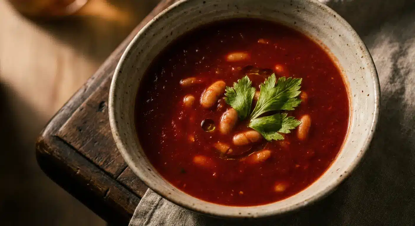 Bloody Mary Soup with Beans in rustic speckled ceramic bowl with deep red tomato broth, white beans, and fresh parsley garnish on weathered wooden board