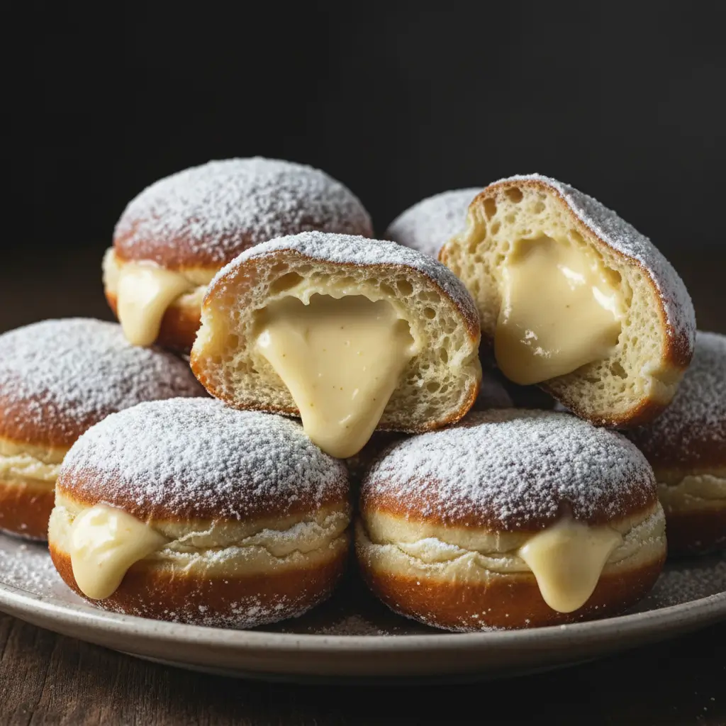 Bomboloni Italian donuts on a gray plate dusted with powdered sugar, filled with creamy custard oozing out, against a dark background
