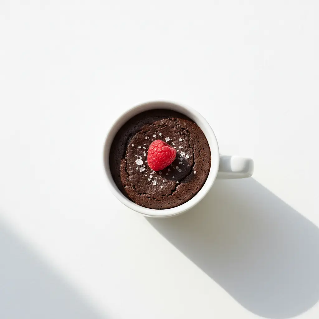 Chocolate brownie in a mug topped with a fresh raspberry and powdered sugar on a white background.