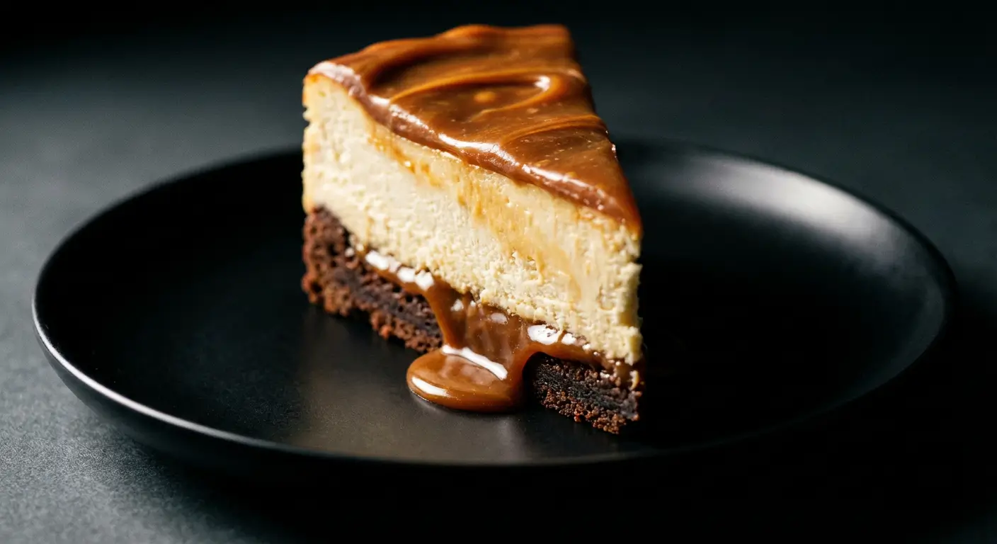 Easy Caramel Brownie Cheesecake: A Chocolate Lover’s Dream! 1 Caramel Brownie Cheesecake slice on a black plate with fudgy brownie base, creamy cheesecake layer, and caramel drizzle on top