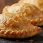 Golden-brown chicken empanadas with crimped edges arranged on a dark slate surface.