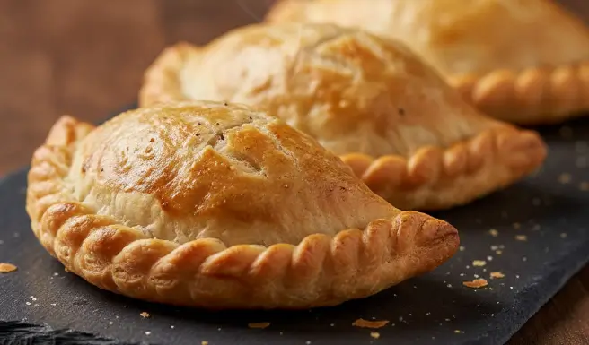 Golden-brown chicken empanadas with crimped edges arranged on a dark slate surface.
