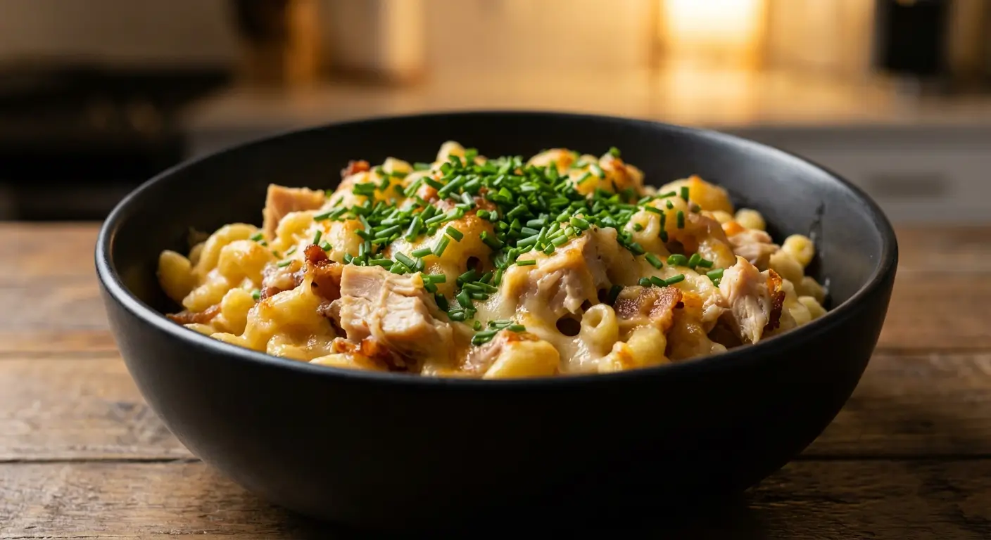 Creamy Chicken Mac and Cheese Recipe for Quick Family Dinners 4 Chicken Mac and Cheese in a black bowl with creamy cheese sauce, tender chicken pieces, elbow macaroni, and fresh chopped chives on top